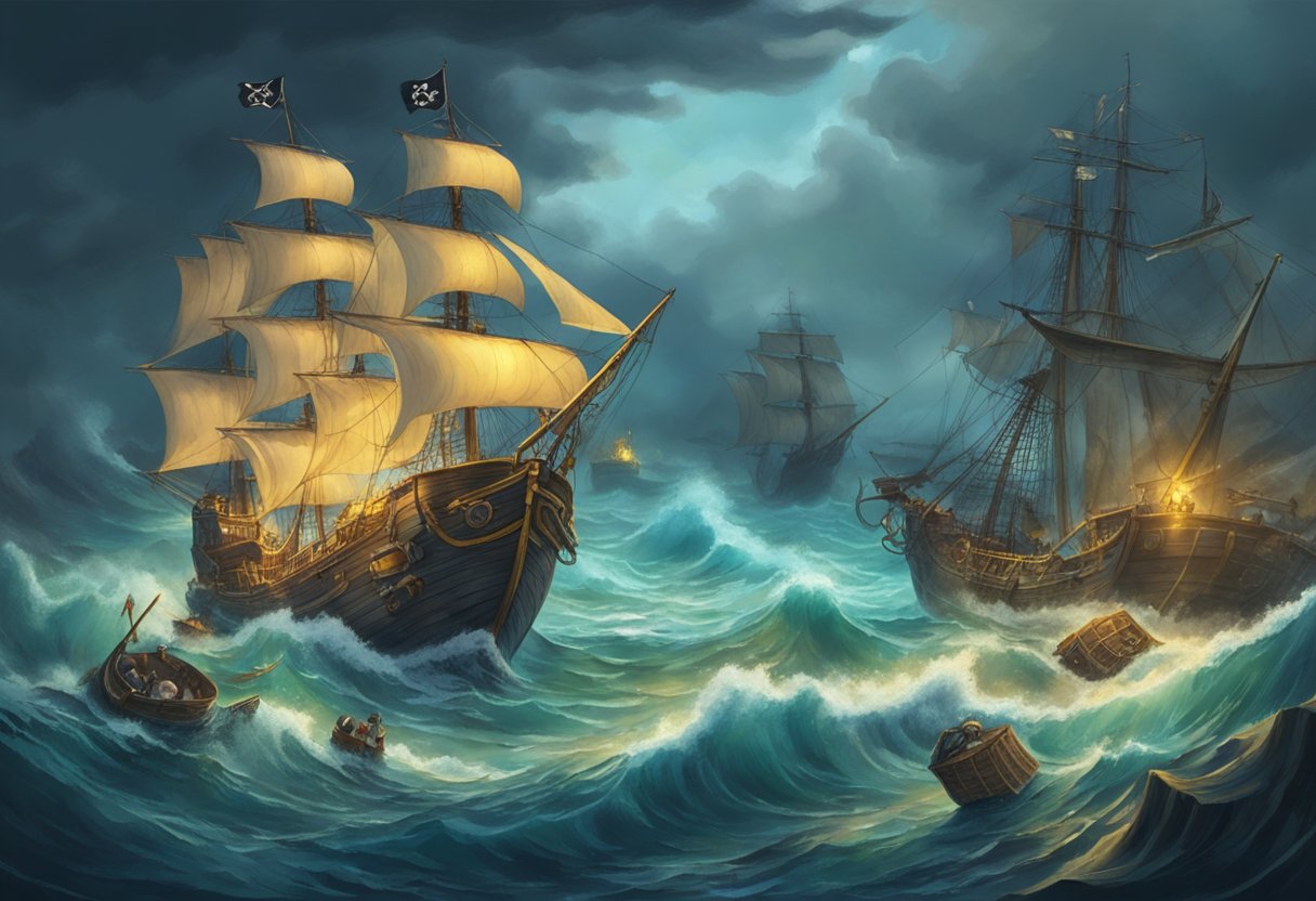 Pirates and mermaids sail on a stormy sea, with a treasure chest and shipwrecks in the background