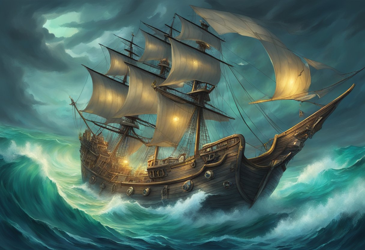 A pirate ship sailing through stormy waters, with mermaids swimming alongside, representing themes of adventure, danger, and the clash between the human and mystical worlds