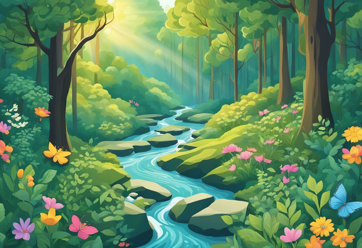 A tranquil forest with sunbeams filtering through the canopy, birds chirping, and a babbling brook winding through the trees. Wildflowers bloom in vibrant colors, and butterflies flit from flower to flower