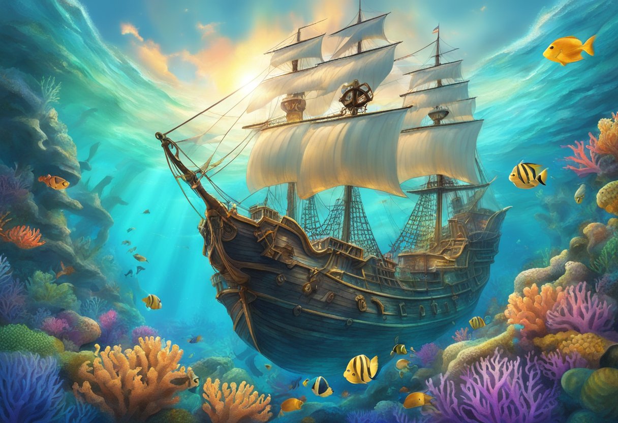 A pirate ship sails near a vibrant coral reef, with mermaids swimming alongside, their tails shimmering in the sunlight