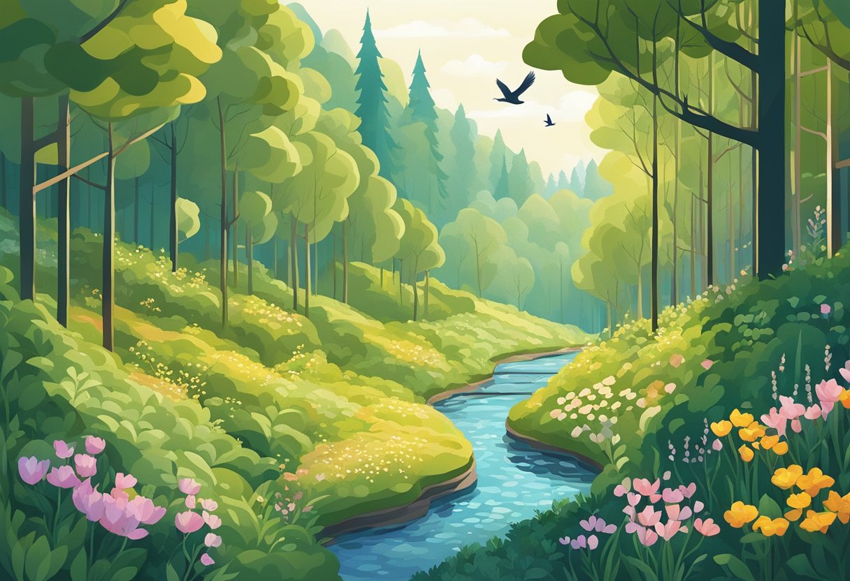 A serene forest with sunlight filtering through the trees, birds chirping, and a gentle breeze rustling the leaves. Wildflowers bloom along a winding path, and a stream glistens in the distance