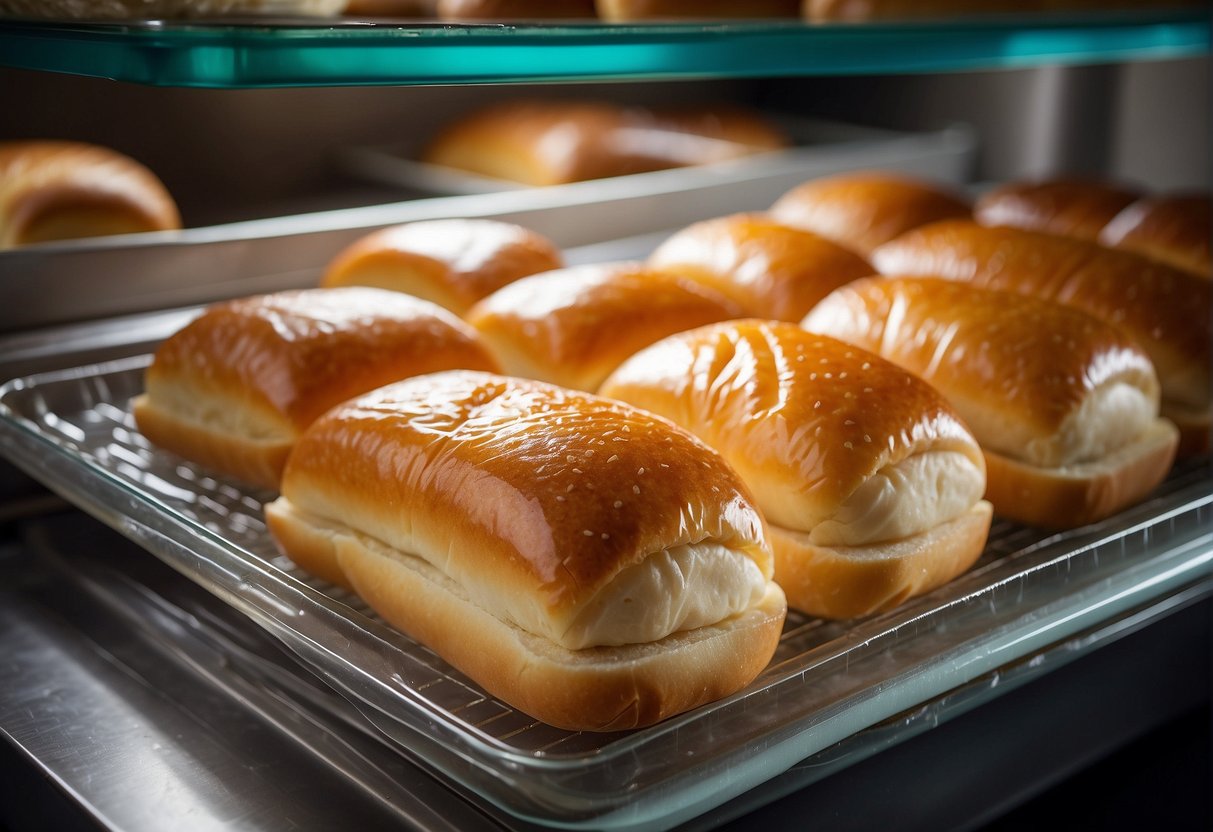 Hawaiian rolls sit on a baking sheet, covered in plastic wrap, in a freezer