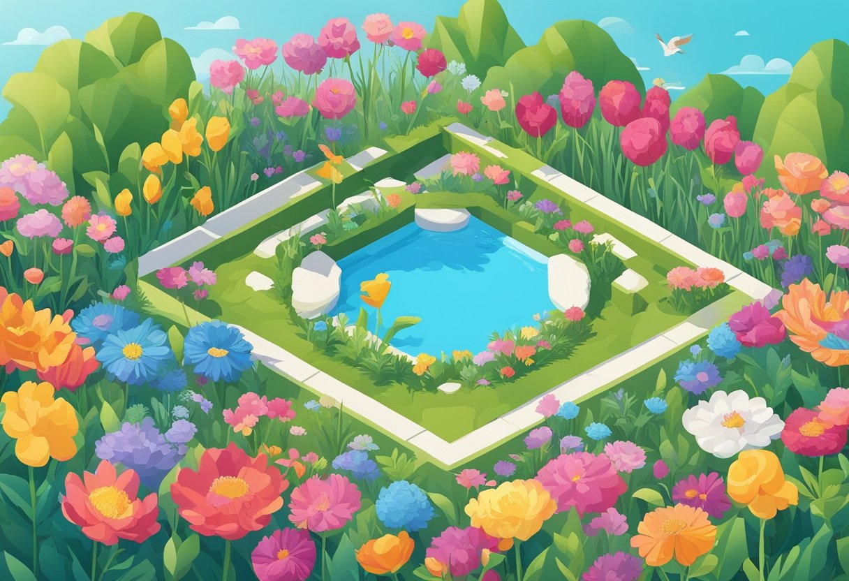 A vibrant garden with blooming flowers and a clear blue sky, with a quote about self-worth displayed on a colorful banner fluttering in the breeze