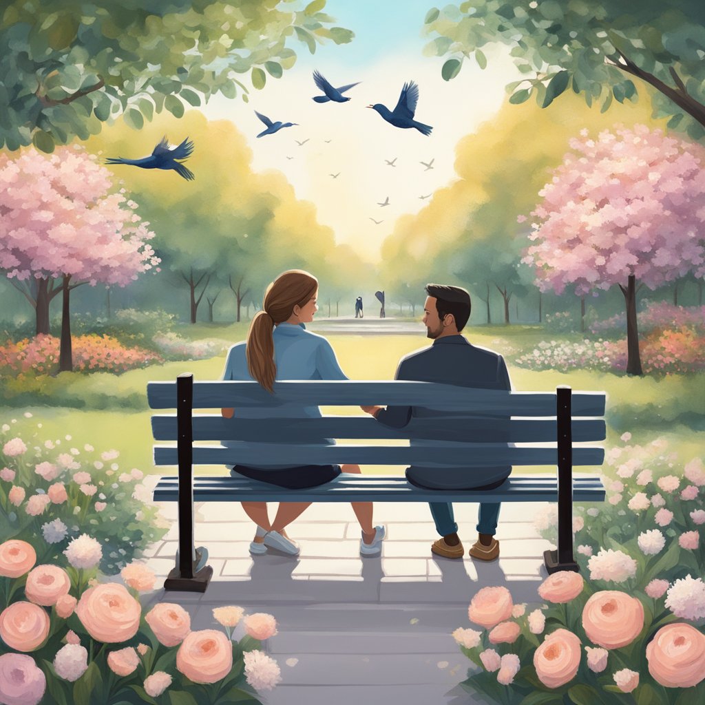 A couple sitting on a park bench, facing each other with smiles, holding hands, surrounded by blooming flowers and chirping birds