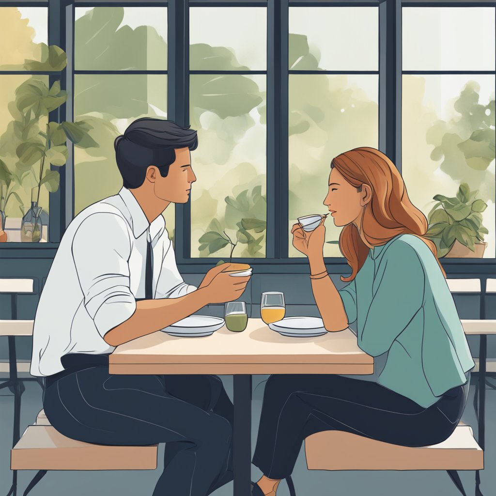 A couple sits across from each other, sharing a meal. Their body language is relaxed, with open postures and frequent eye contact, indicating a deep connection