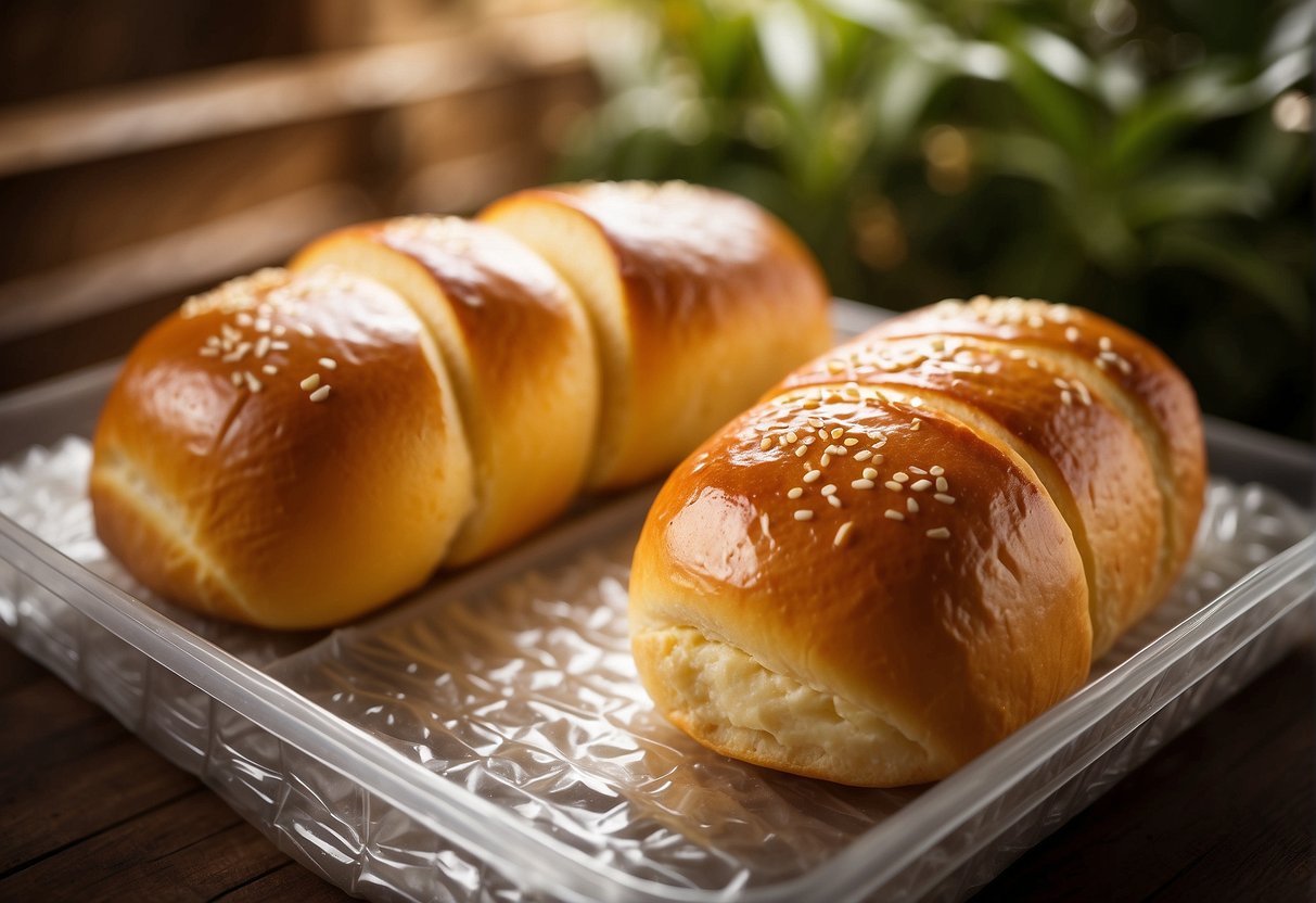 Golden Hawaiian rolls sit on a tray, wrapped in plastic, placed in the freezer