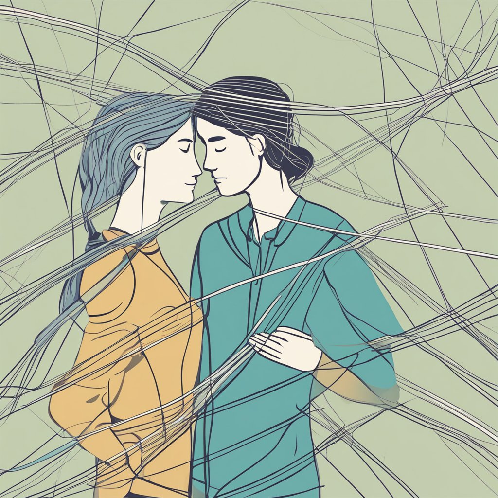Two figures facing each other, with a visible gap between them. Tangled lines symbolize communication difficulties, while a broken heart in the background represents emotional challenges in relationships