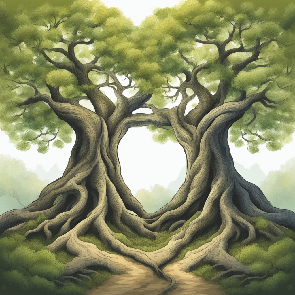 Two trees intertwining their branches, symbolizing a strong and healthy relationship