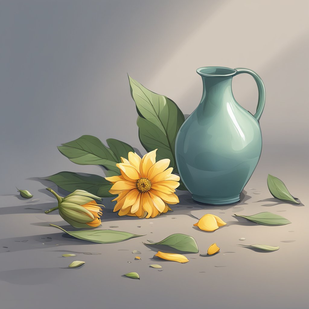 A wilted flower lying on the ground next to a broken vase