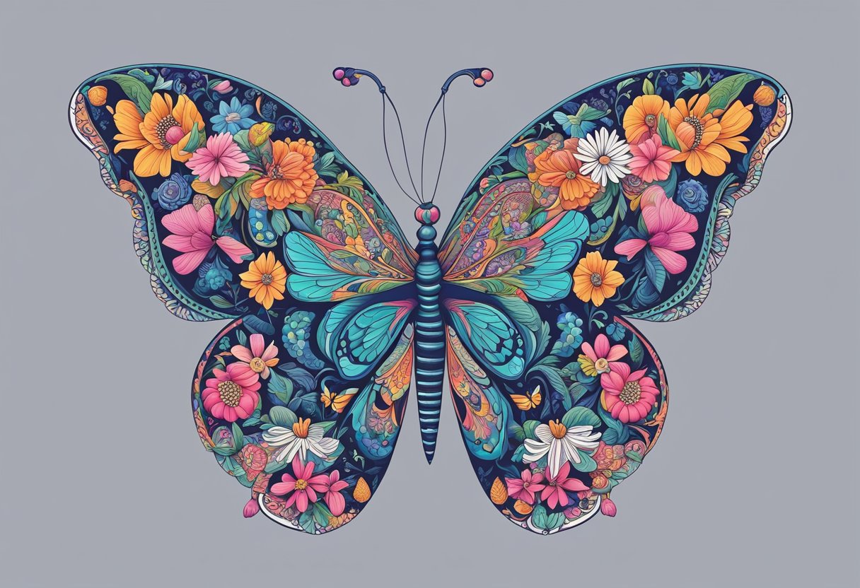 A colorful butterfly flutters among vibrant flowers, its delicate wings adorned with intricate quotes and patterns
