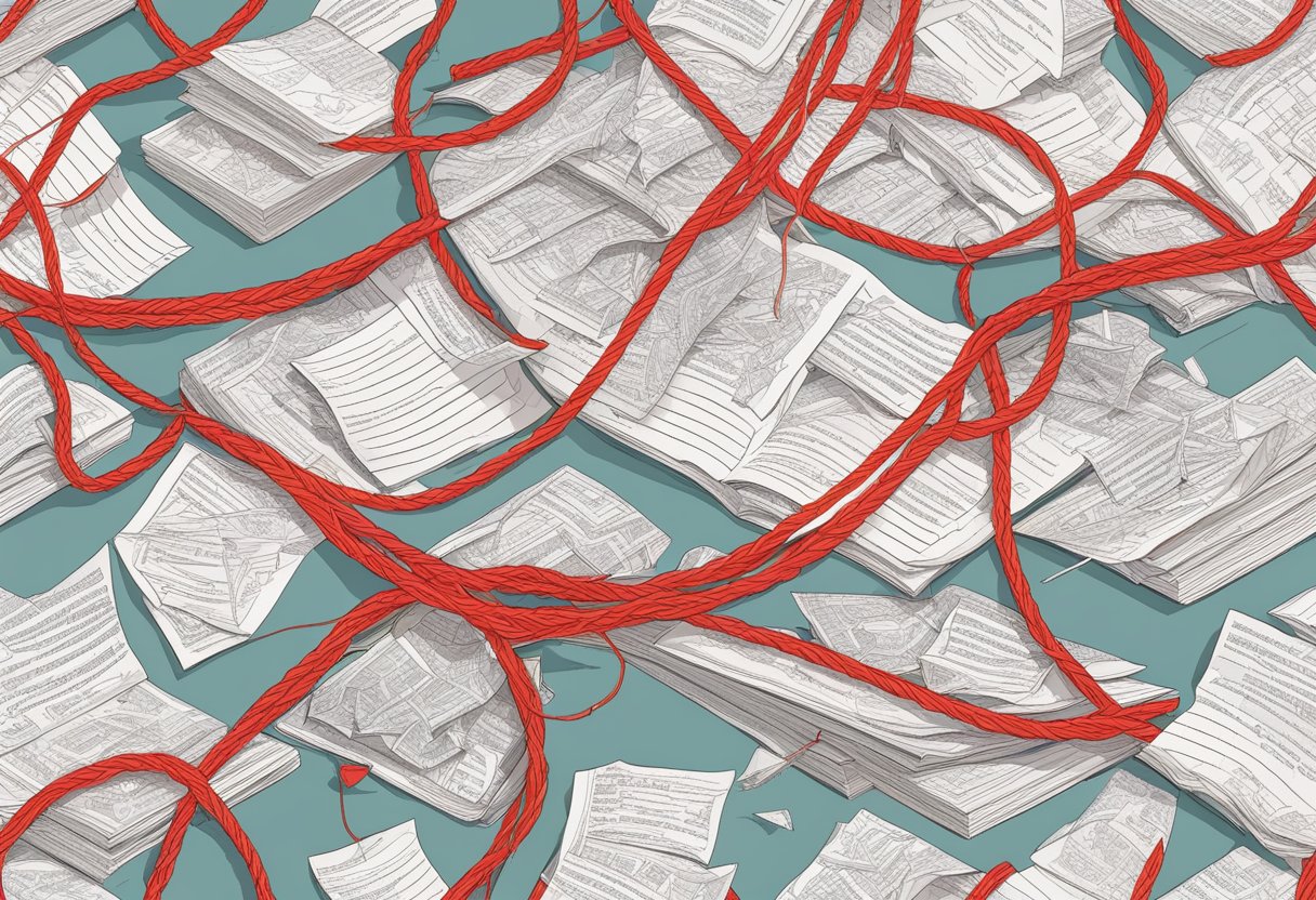 A tangled web of tangled red string, a broken pencil, and scattered papers with quotes on cheating