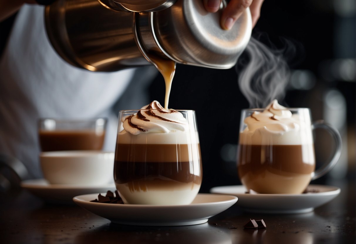 A barista pours steaming milk into a cup of espresso, adding a swirl of chocolate and a dollop of whipped cream on top