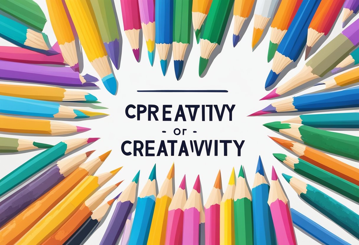 Colorful paintbrushes and pencils scattered around a blank canvas, with a lightbulb shining above, surrounded by inspirational quotes about creativity