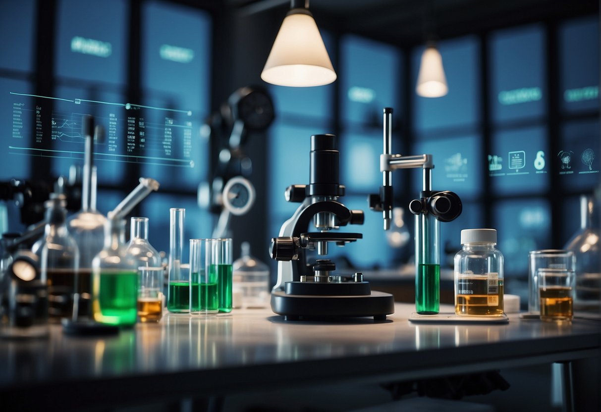 A scientific lab with CBD research materials and equipment, including test tubes, beakers, and microscope. Charts and graphs on the wall display data