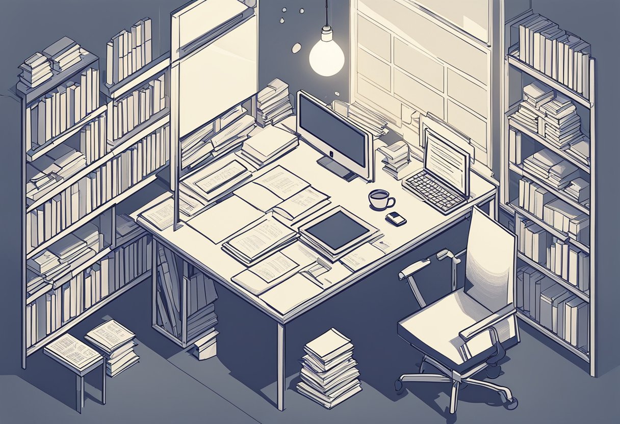 A desk with scattered papers, a pencil, and a blank canvas. A lightbulb shines overhead, illuminating the space. A bookshelf filled with inspirational texts sits in the background