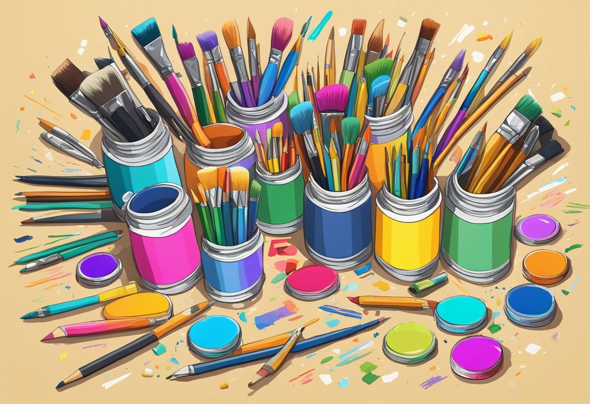 A colorful palette of paintbrushes, pencils, and markers scattered across a wooden desk, surrounded by inspirational quotes and a blank canvas
