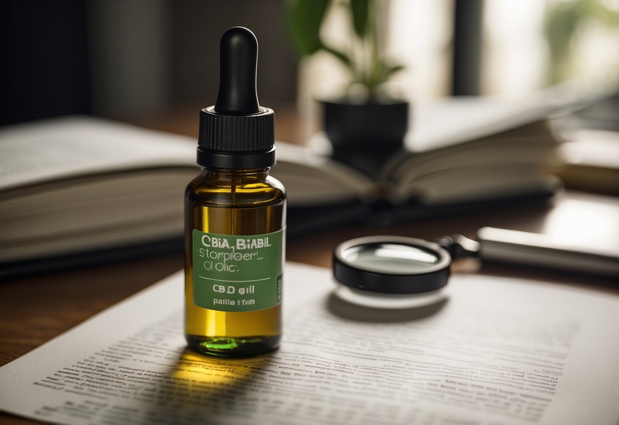 A bottle of CBD oil sits on a table, surrounded by scientific research papers. A magnifying glass hovers over the bottle, emphasizing the focus on separating fact from fiction