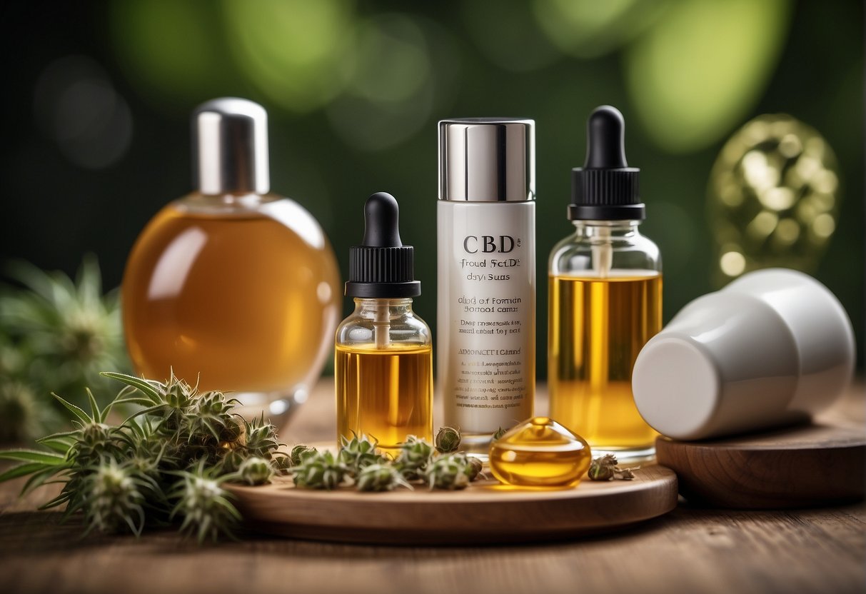 A display of CBD food and cosmetic products, with informative text and myth-busting graphics. Bright and inviting, with a focus on separating fact from fiction