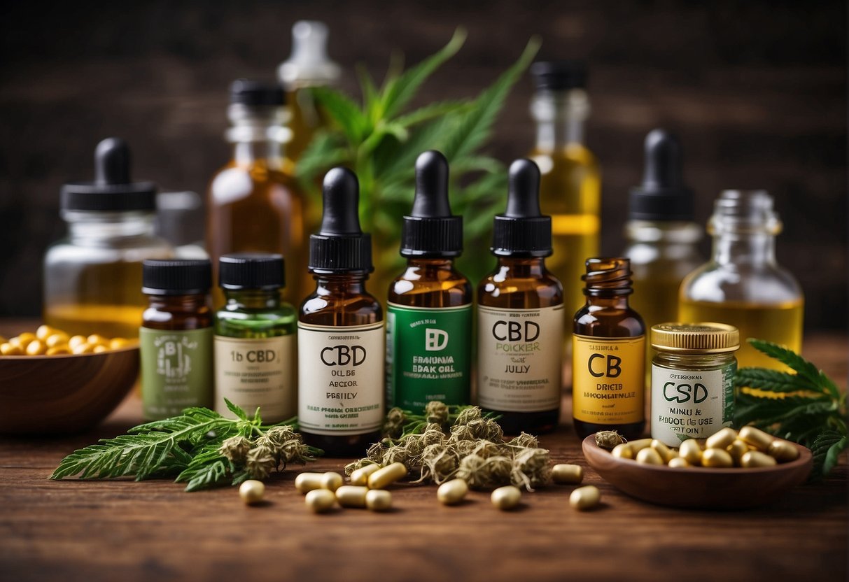 A table with various CBD products, including oils, capsules, and edibles. A sign reads "CBD and Other Uses: Myths and Reality - Separating Fact from Fiction."
