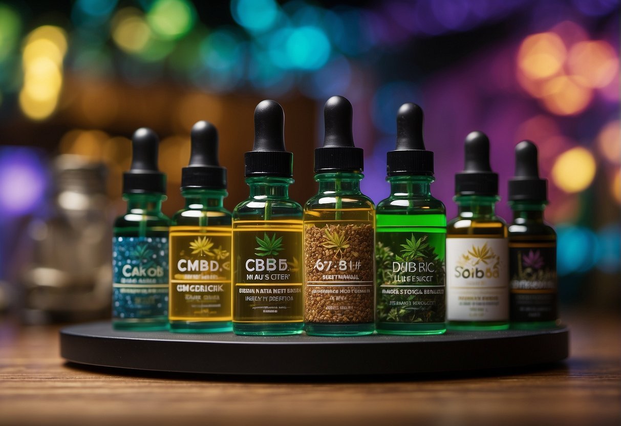 A colorful display of CBD products with informative signs, showcasing the myths and realities of CBD