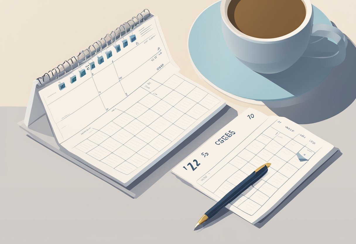 A serene background with a calendar displaying the weeks 1-25 quotes. The calendar is placed on a clean, minimalistic desk with a pen and a cup of coffee next to it