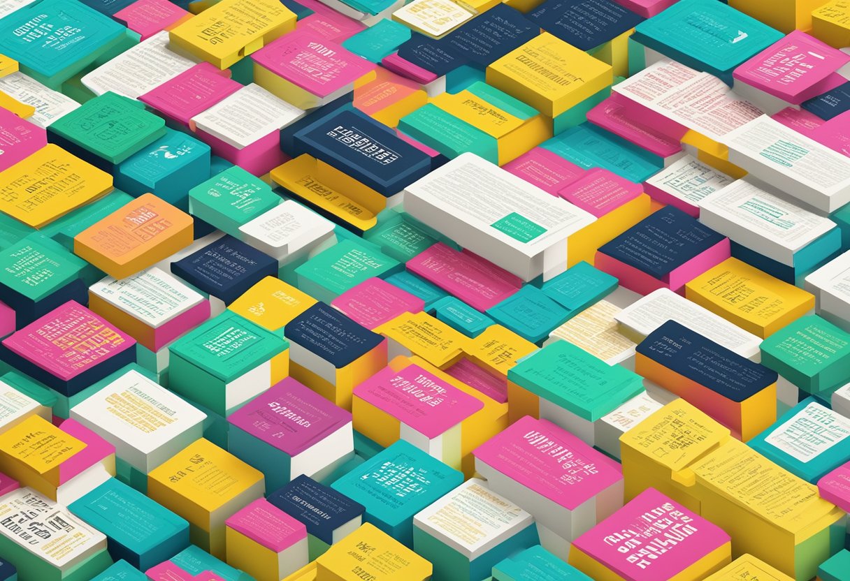 A pile of colorful quote cards arranged in a neat row, with bold typography and motivational phrases