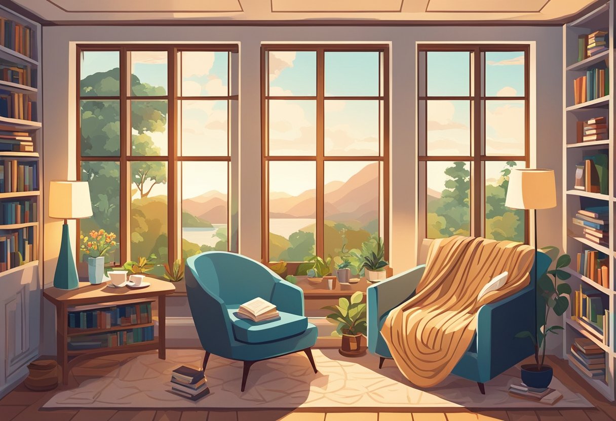 A cozy reading nook with a stack of books, a warm cup of tea, and a soft blanket by a window with sunlight streaming in