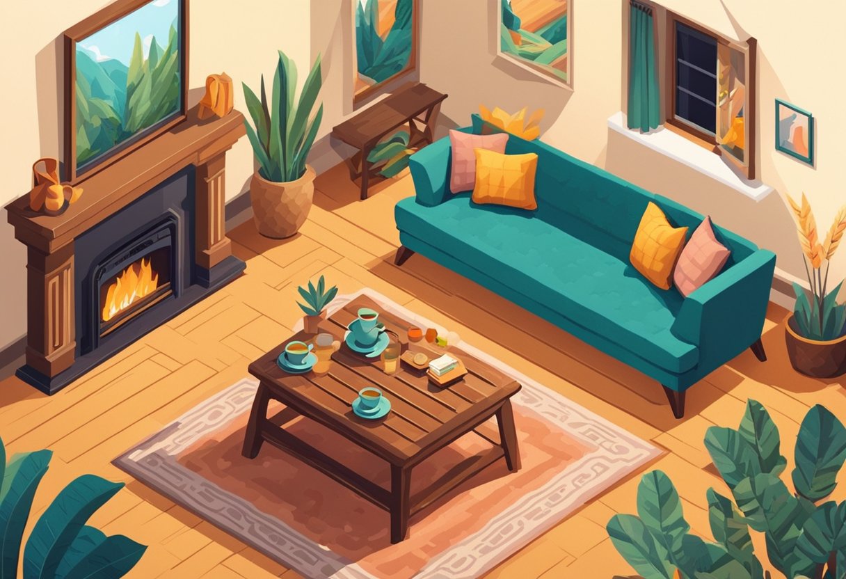 A cozy living room with a crackling fireplace, a plush sofa, and a warm cup of tea on a side table