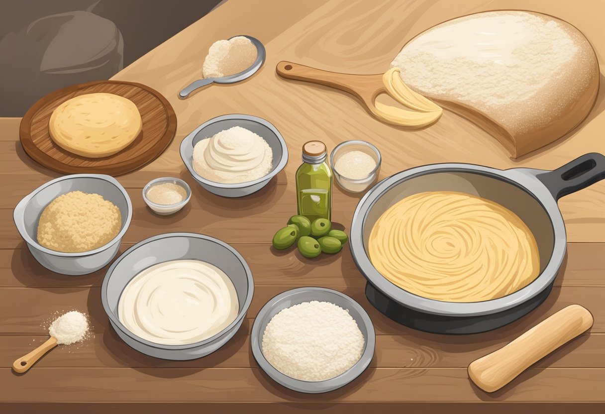 A wooden surface with flour, yeast, salt, and olive oil. A mixing bowl with dough being kneaded. A rolling pin and a round pizza pan ready for shaping