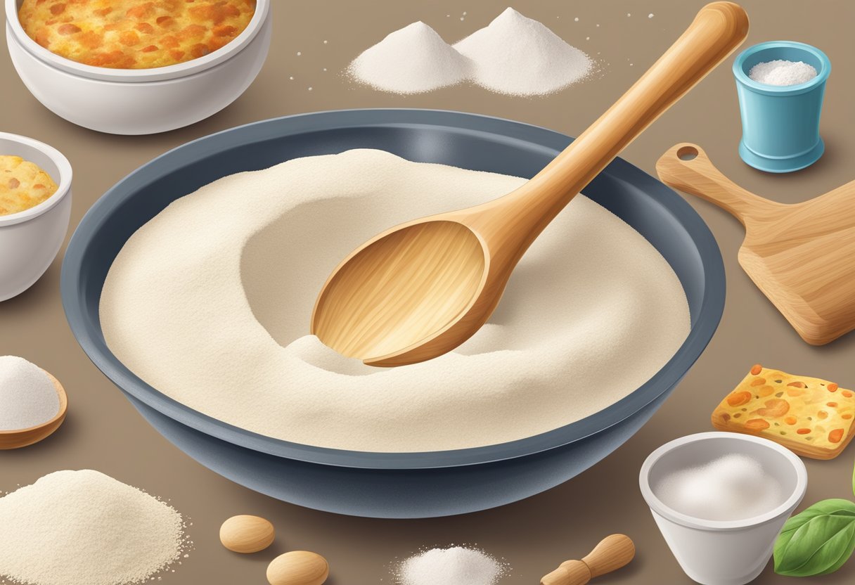 A mixing bowl filled with flour, yeast, salt, and water. A wooden spoon stirring the ingredients together to form a smooth and elastic pizza dough
