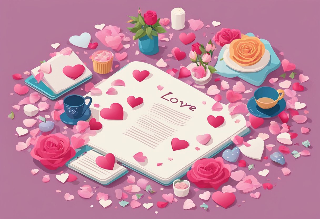 A table scattered with love-themed quotes, surrounded by heart-shaped decorations and scattered rose petals