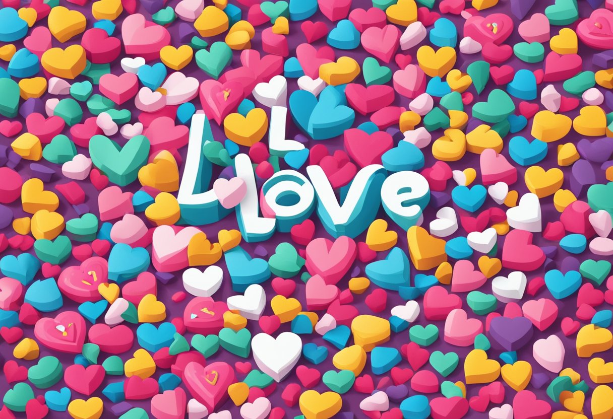 A pile of colorful love-themed quotes arranged in a heart shape, surrounded by scattered heart-shaped confetti and a few scattered heart-shaped candies