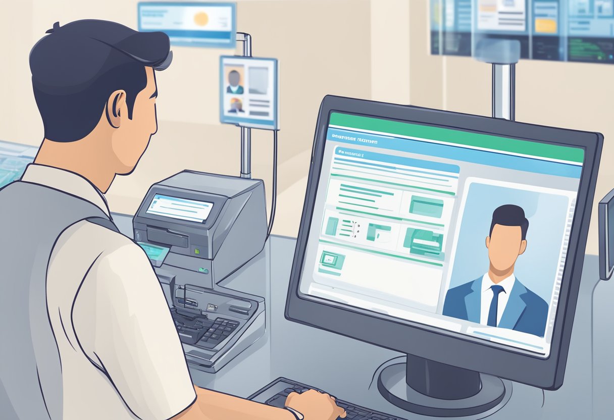 A person's identification card is being scanned by a machine, while a computer screen displays various security checks and authentication processes