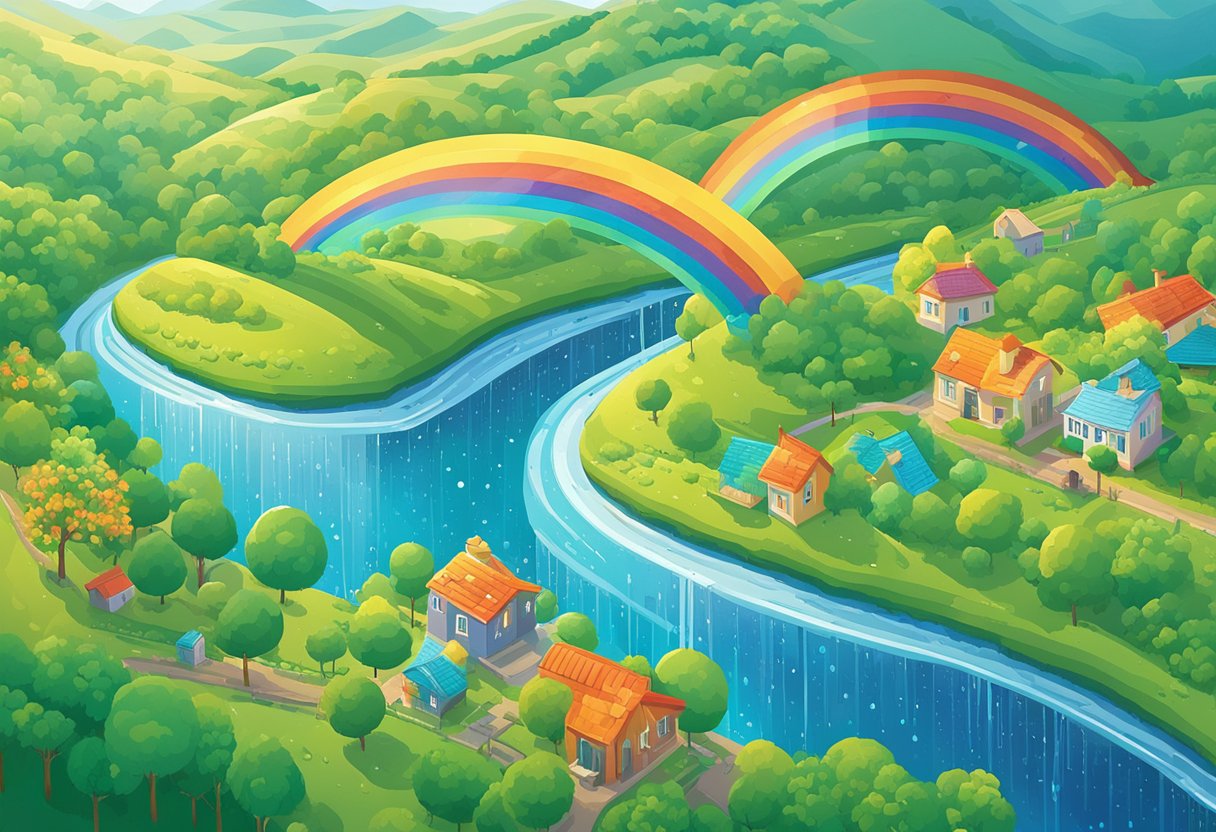 A vibrant rainbow stretches across a clear blue sky, casting its colorful arc over a lush green landscape. The sun's rays create a shimmering effect on the droplets of rain, adding to the magical and uplifting scene