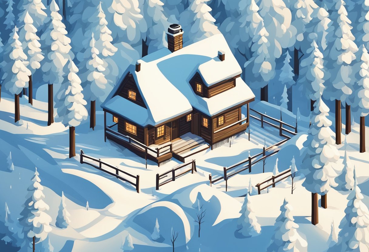 Snow-covered trees with delicate icicles hanging from their branches. A cozy cabin with smoke rising from the chimney. A serene winter landscape