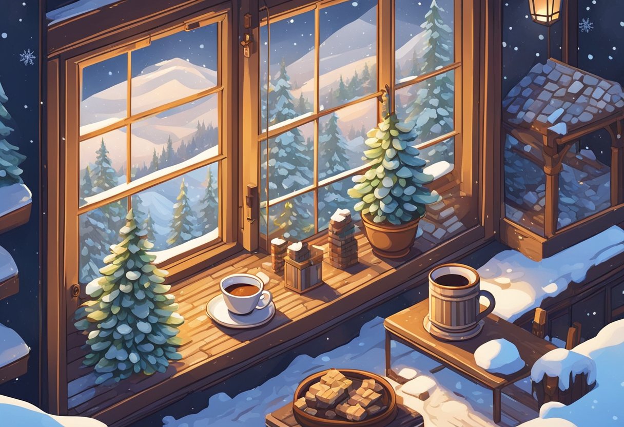 A cozy winter scene with a steaming cup of hot cocoa, a crackling fireplace, and a window revealing a snowy landscape