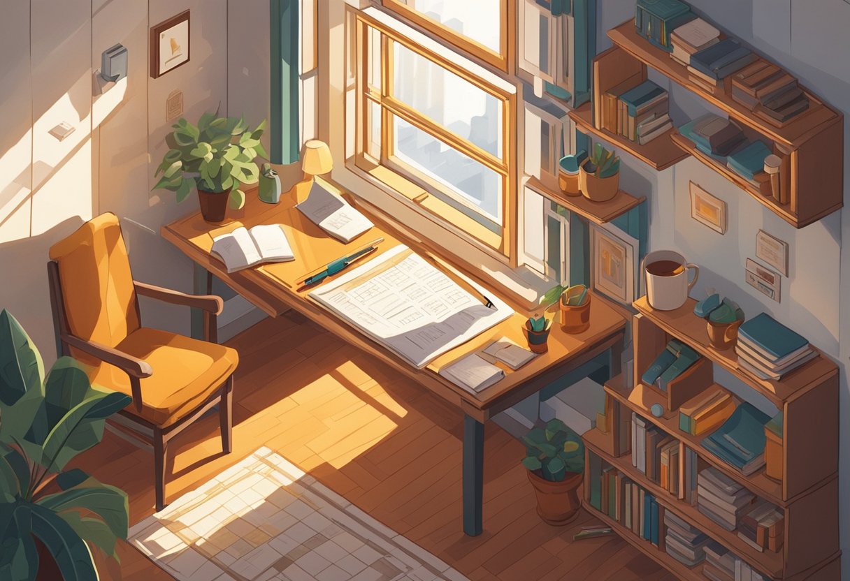 A cozy study with a desk, calendar, and a mug of hot tea. Sunlight streams through a window, casting a warm glow on the scene