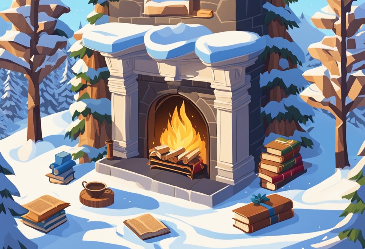 A cozy fireplace with crackling flames and a stack of books, surrounded by snow-covered trees and a clear winter sky