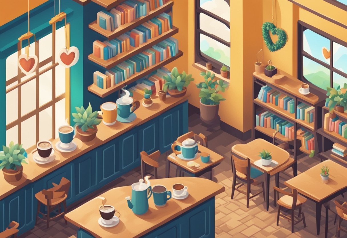 A cozy coffee shop with steaming mugs and heart-shaped decorations, surrounded by shelves of books and soft background music