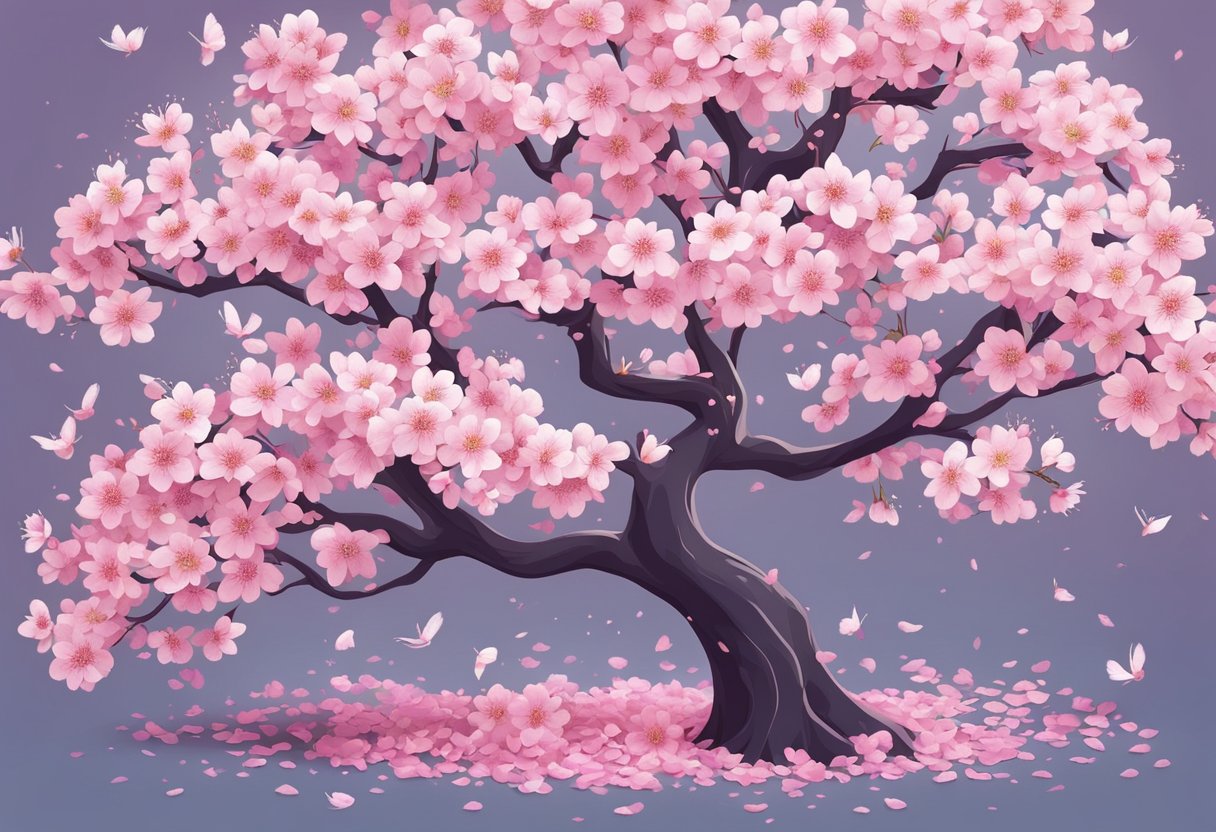 A blooming cherry blossom tree with falling petals and a gentle breeze