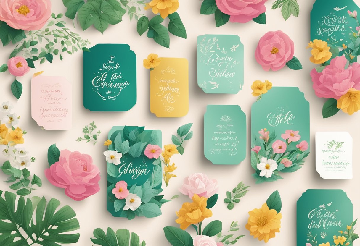 A stack of quote cards arranged in a neat row, with elegant calligraphy and decorative designs, surrounded by blooming flowers and fresh greenery