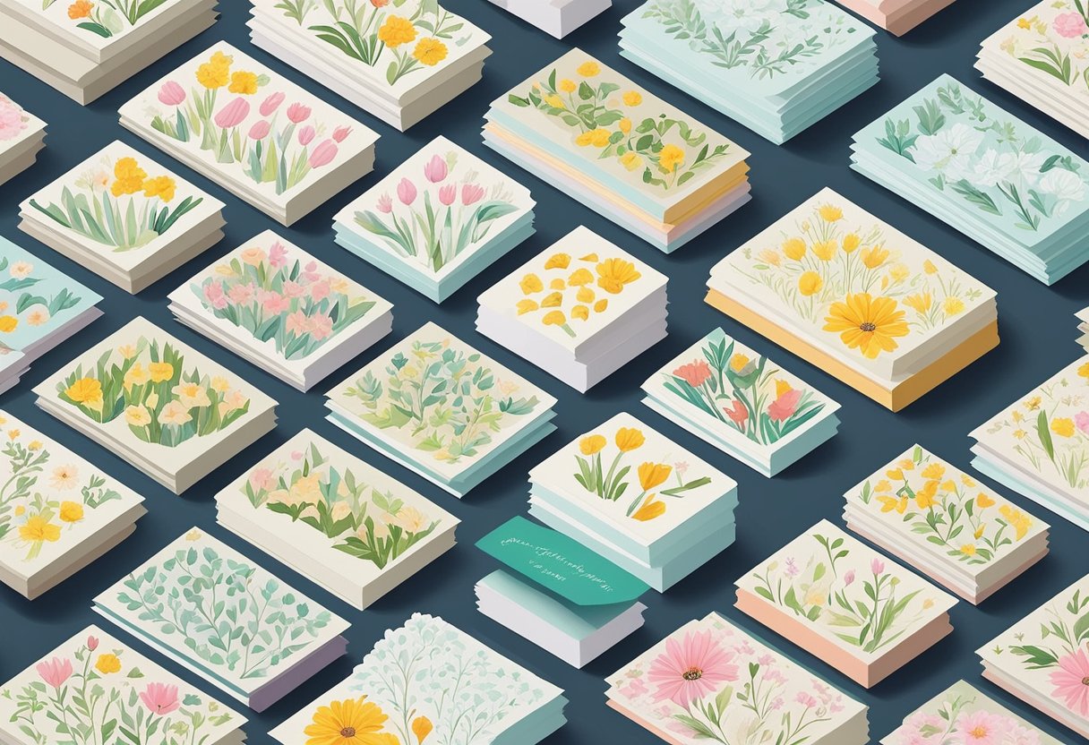 A stack of quote cards arranged in a neat row, with elegant calligraphy and decorative borders, surrounded by fresh spring flowers