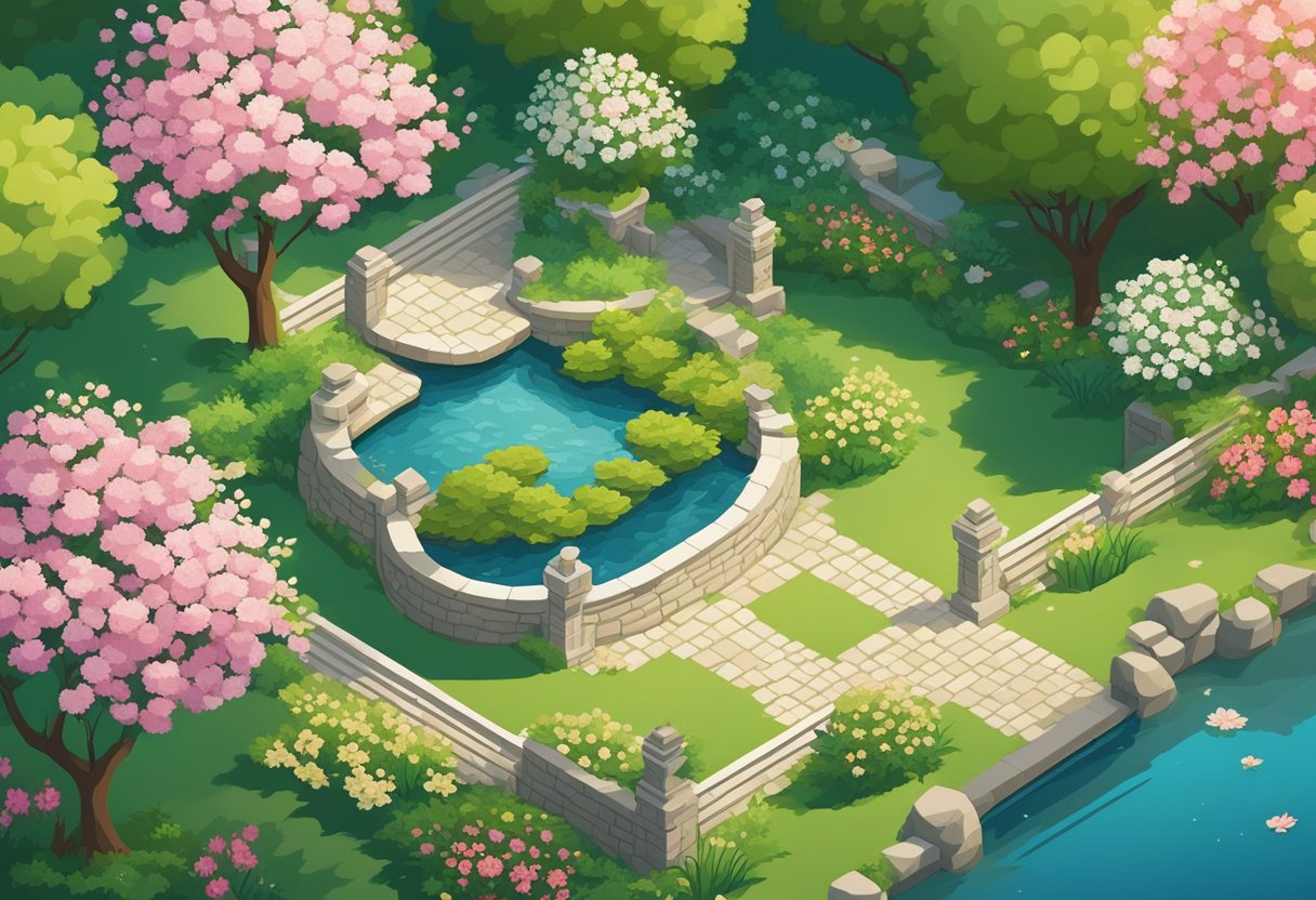 A tranquil garden with blooming flowers, a peaceful pond, and a gentle breeze rustling through the trees