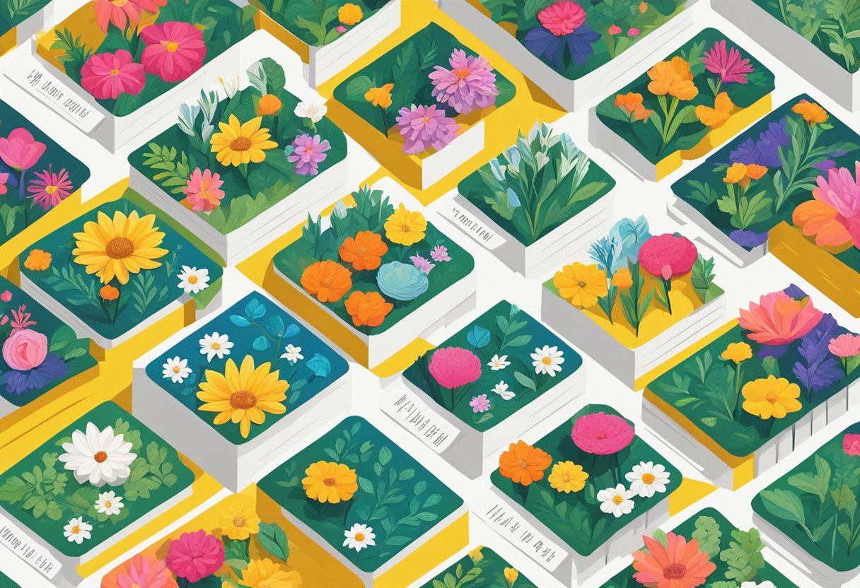 A colorful array of quote cards arranged in a neat grid, each with a different inspiring message, surrounded by vibrant flowers and foliage