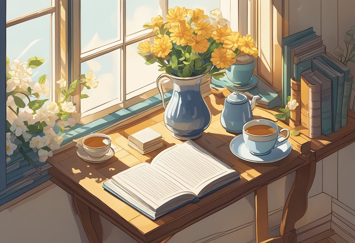 A table scattered with open books, a vase of flowers, and a cup of tea. Sunlight streams through a window, casting warm shadows on the page