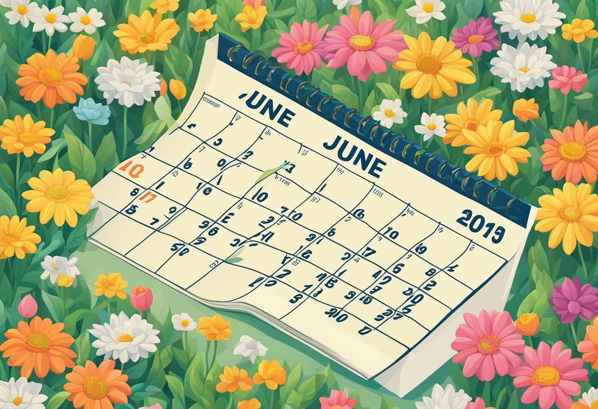 A calendar with the month of June open, surrounded by vibrant flowers and a warm, sunny sky