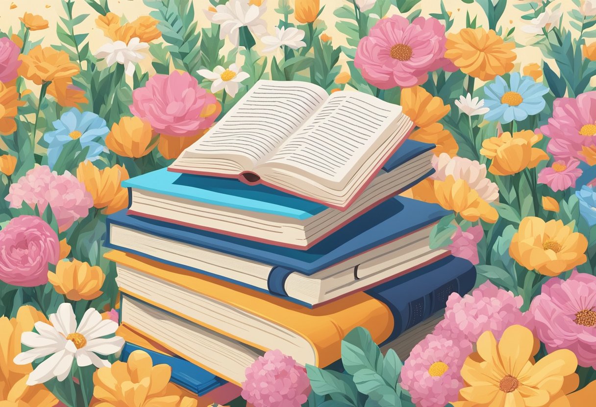 A pile of open books with June quotes scattered around, surrounded by blooming flowers and a warm, sunny sky