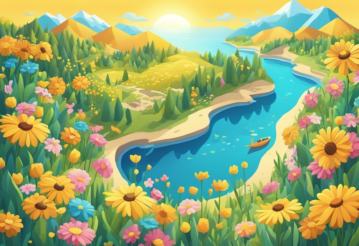 A warm summer day with vibrant flowers and a clear blue sky, with the sun shining brightly and casting a golden glow over the landscape