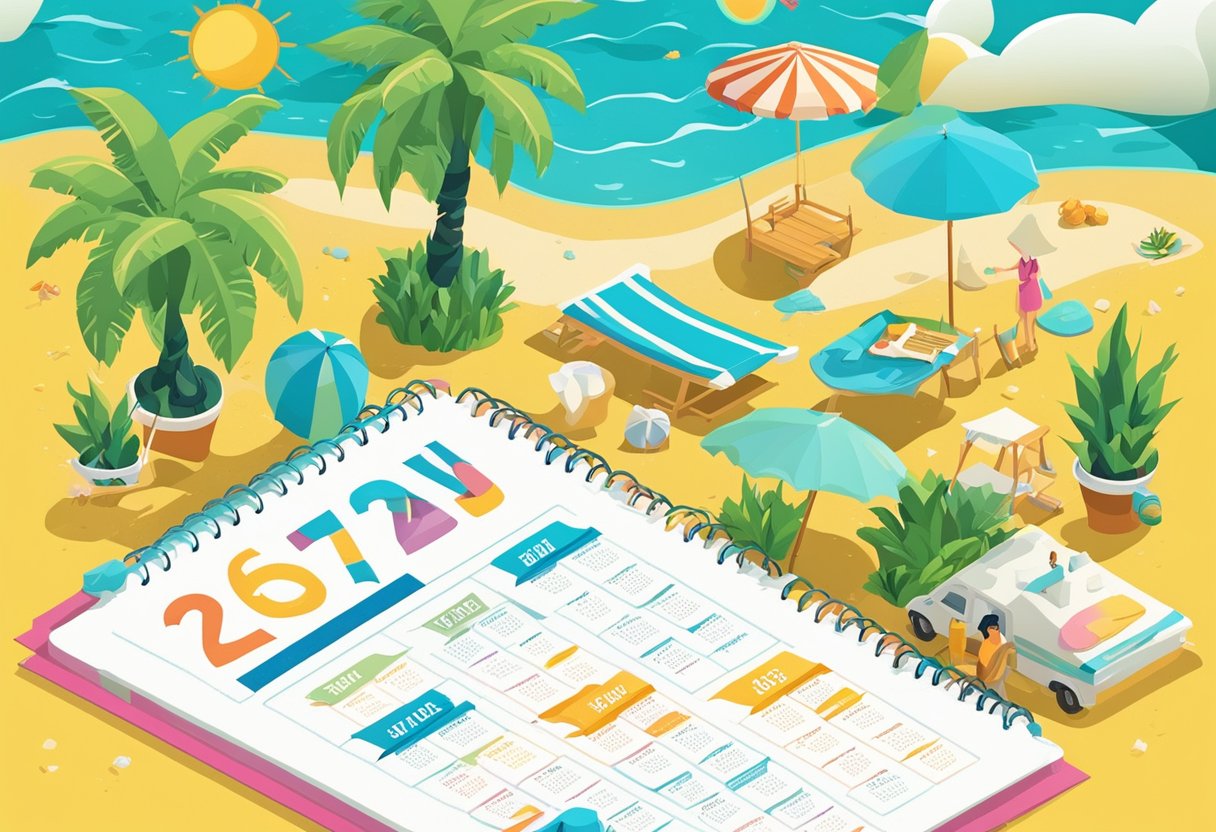 A calendar page with "Quote List 26 - 50 July Quotes" in bold, surrounded by summer-themed illustrations like sun, beach, and flowers