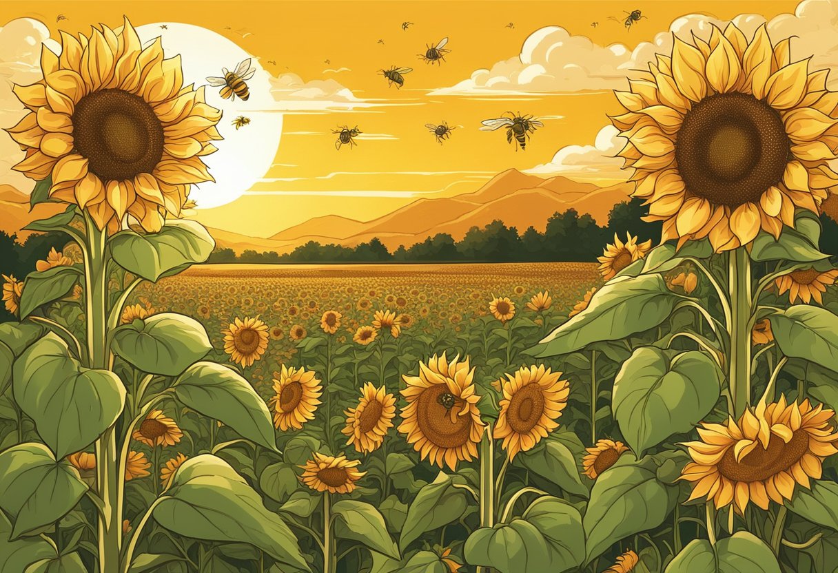Sunflowers in full bloom, with bees buzzing around. A warm, golden sunset casts a soft glow over the field, creating a serene and tranquil atmosphere